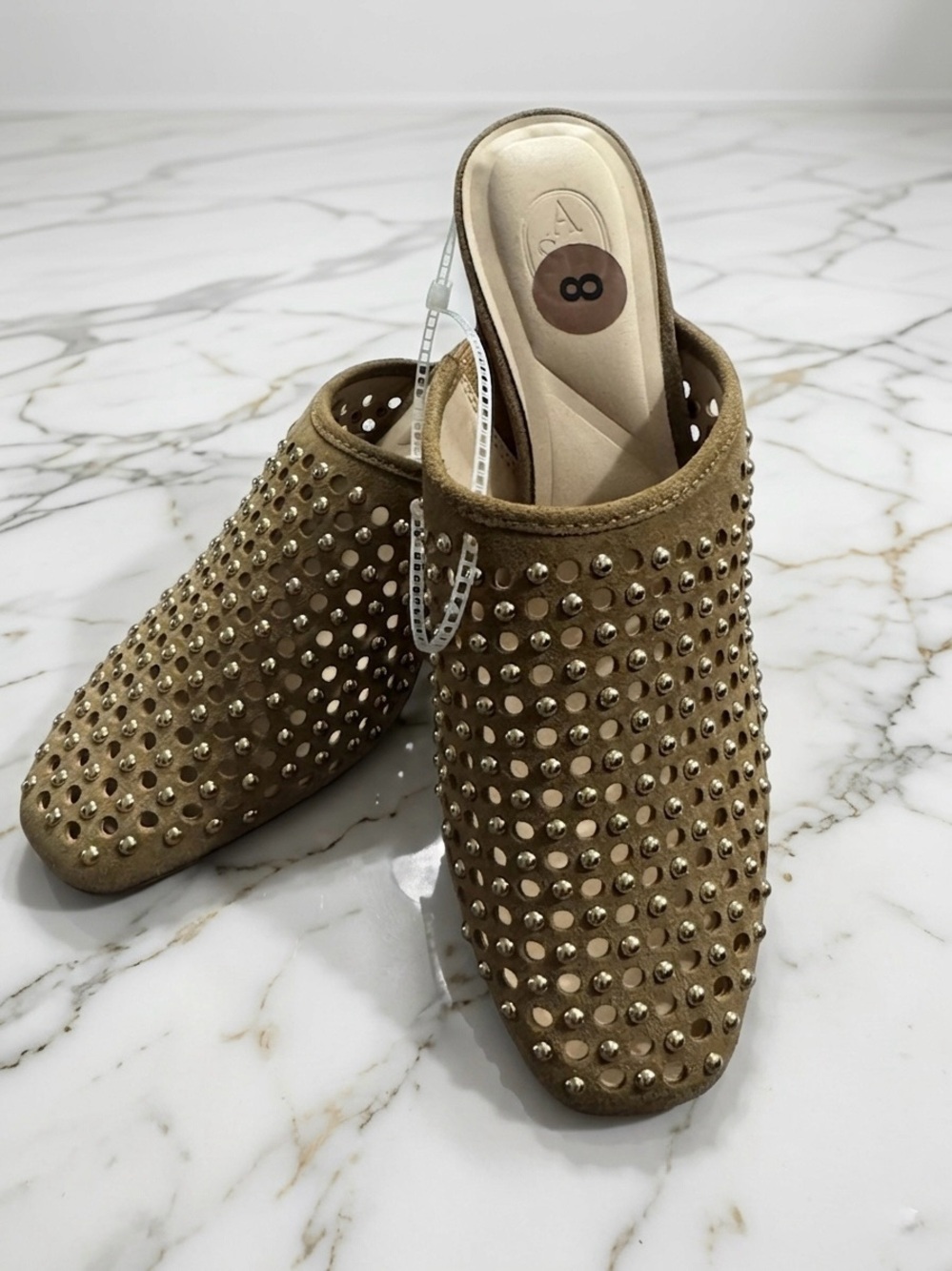 NWT ASH Tobie Studded Suede Mules Gold Block Heel Sz 8M Boho
